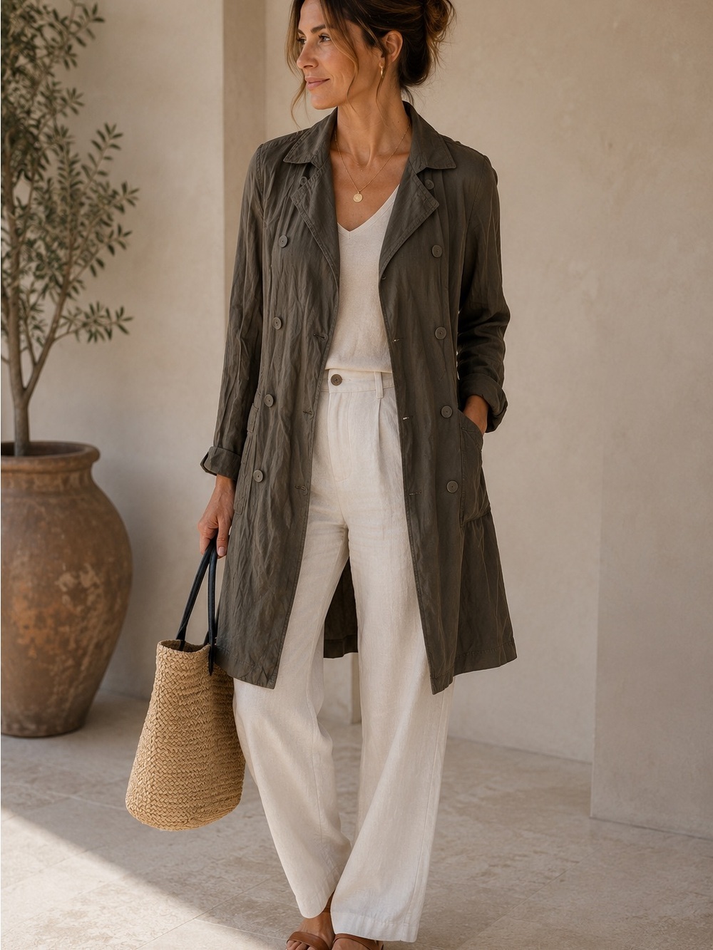 Eileen Fisher sz XS lightweight moss green trench style jacket great condition